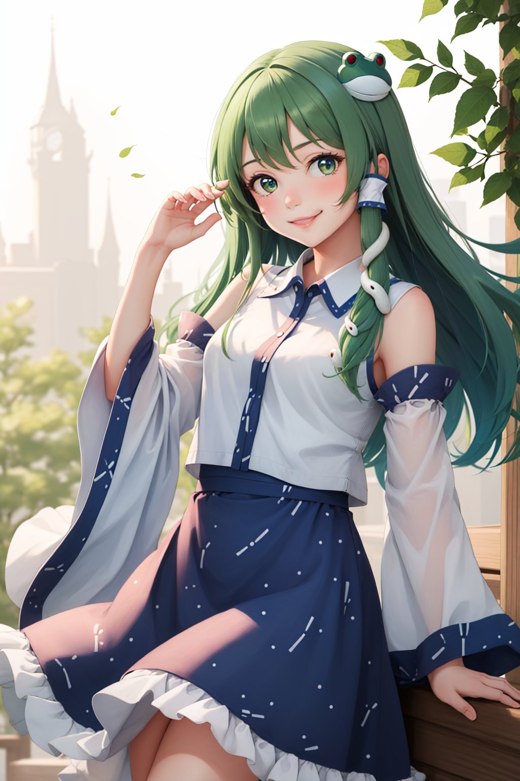 00140-1876308372-(masterpiece, best quality_1.2), , cowboy shot, solo, 1girl, kochiya sanae, smile, looking at viewer, arm up, hair tubes, frog h.jpg